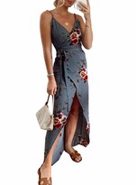 Thumbnail for your product : CORAFRITZ Womens Summer Loose Leopard Print Dress V Neck Backless Evening Dress Split Maxi Dress Sleeveless Cocktail Dress Blue
