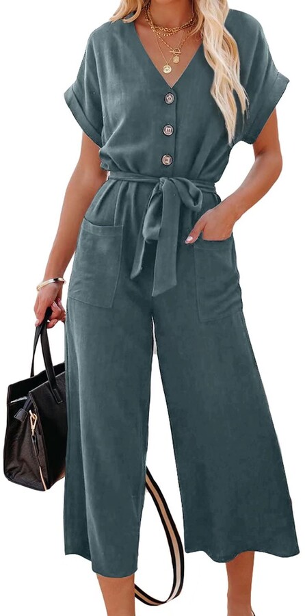 Asvivid Fashion Jumpsuits Women Casual Short Sleeve Belted Elegant Playsuit 