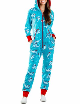 Rojeam Womens Zip Up Printed Flannel Sleepwear Hooded Onesie Pajamas Non-Footed
