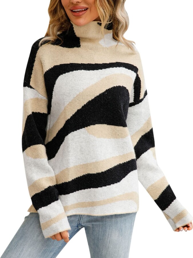 Woaikeyu Women's Half High Neck Large Striped Sweater Knitwear Bottomed Sweater  Side Slit Sweater for Women Black - ShopStyle