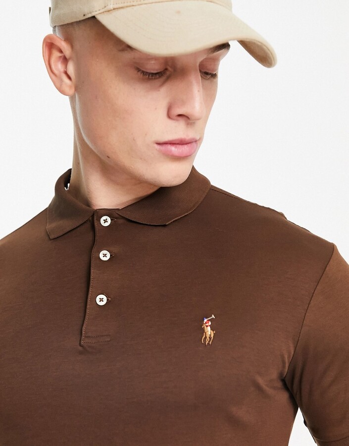 Polo Ralph Lauren multi icon logo Pima cotton slim fit polo in brown -  ShopStyle