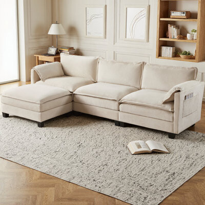 Latitude Run L-Shaped Chenille Sectional Sofa with Ottoman & Storage Armrest Cushions Cloud Sofa Design for Living Room Office & Spacious Spaces Modular 3-Seate