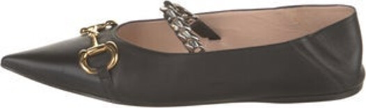Gucci Leather Mary Jane Flats Black Horsebit Accent Pointed-Toes with Chain-Link Accents Mary Jane Strap & Buckle Closure At Uppers Designer