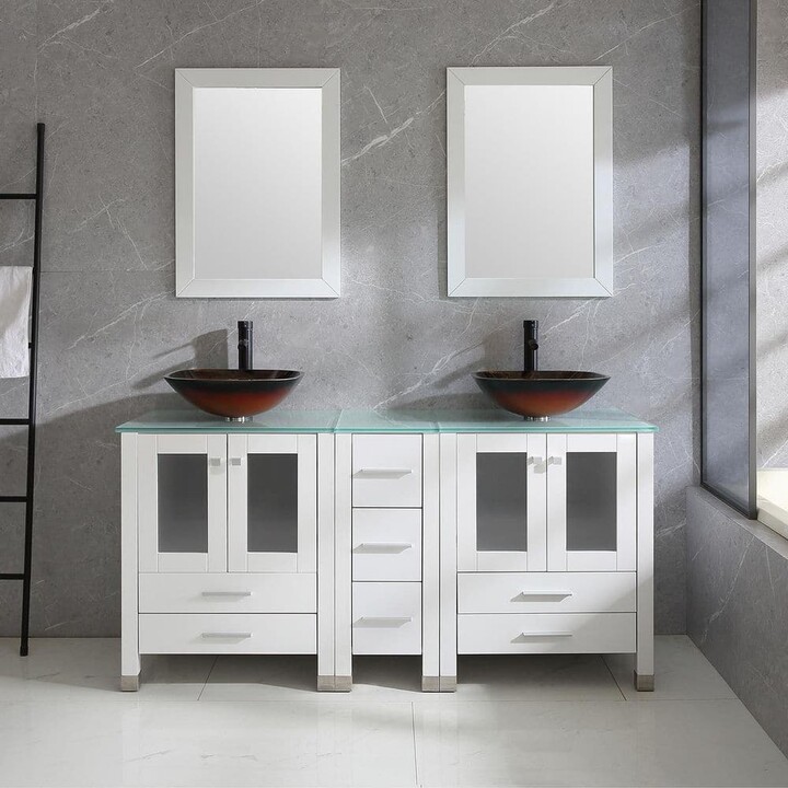 wonline 61 in. Double Tempered Glass Sinks Freestanding White Bath Vanity with Green Tempered Glass Tops and Mirrors