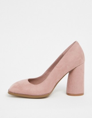 ASOS DESIGN Wide Fit Pinky square toe block heeled court shoes in beige