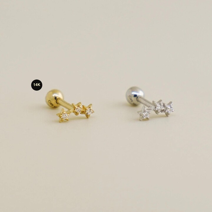 14K Real Solid Gold Three Star Diamond Cz Cartilage Daith Helix Tragus Conch Rook Snug Ear Post Stud Piercing Earring Body 18Gauge