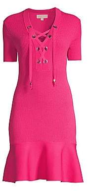 MICHAEL Michael Kors Women's Lace Up Rib-Knit Fit-&-Flare Dress