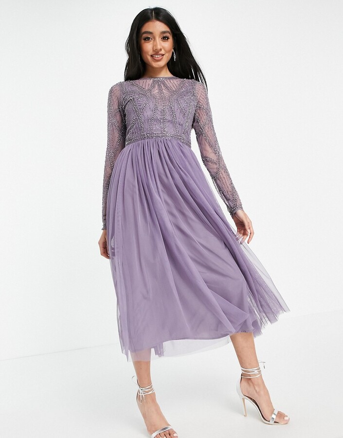 ASOS DESIGN embellished bodice midi dress with tulle skirt in Purple -  ShopStyle