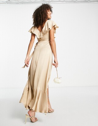 Topshop bridesmaid satin frill wrap dress in gold