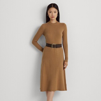 Lauren Ralph Lauren Faux Leather Trim Wool Cashmere Blend Long Sleeve Dress