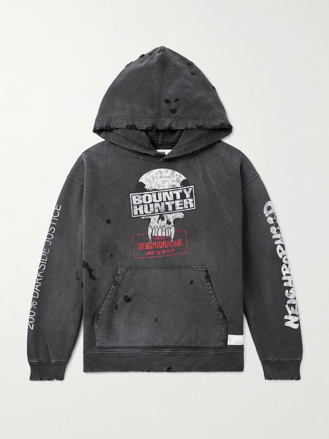 Neighborhood + Bounty Hunter Savage Distressed Printed Cotton-Jersey Hoodie