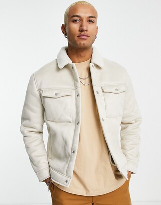 Bershka trucker jacket in beige suede - ShopStyle