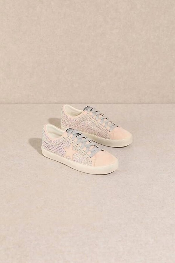 Mi.iM Women's Joann Rubber Sole Lace-Up Rhinestone Suede Star Sneakers In Light Pink