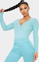 Thumbnail for your product : PrettyLittleThing Dusty Turquoise Long Sleeve Popper Detail Thong Bodysuit