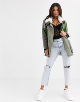 Thumbnail for your product : One Teaspoon oversized contrast khaki coat with faux sherling