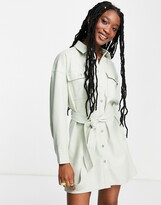 Thumbnail for your product : ASOS DESIGN leather look button through mini shirt dress with belt in sage