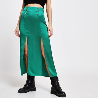 River Island Womens Green satin double split midi skirt