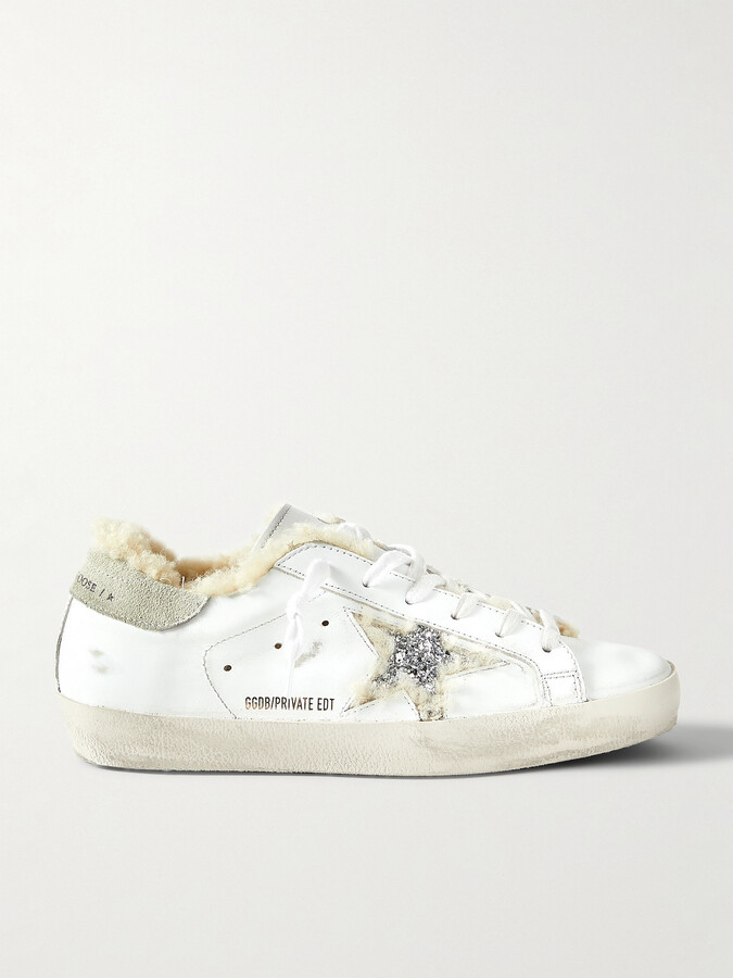Golden Goose Superstar Shearling-lined Distressed Glittered Leather Sneakers - White