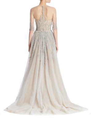Reem Acra Embroidered Tulle Gown