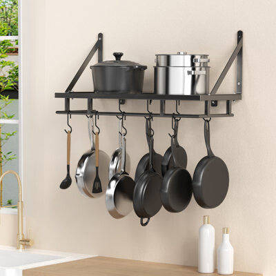 Prep & Savour Wall Mounted Pot Rack Kitchen 24 Inch Hanging Storage Organizer Wall Shelf with Hooks Matte Black