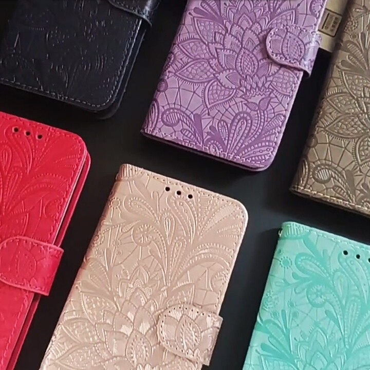 Embossed Flower Phone Wallet Case Pu Leather Card Holder With Strap
