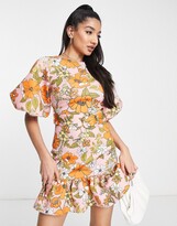 Thumbnail for your product : ASOS DESIGN belted peplum mini tiered dress in retro floral print