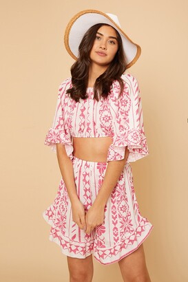 Little Mistress Pink Aztec Printed Crop Top & Shorts Co-Ord