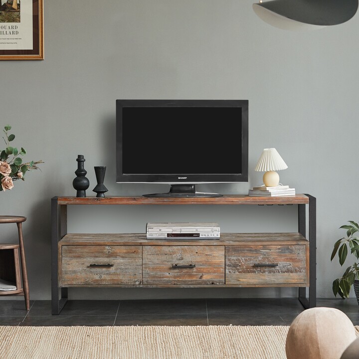 GEROJO Rustic 60Inch Reclaimed Wood TV Console Table with 3 Drawers