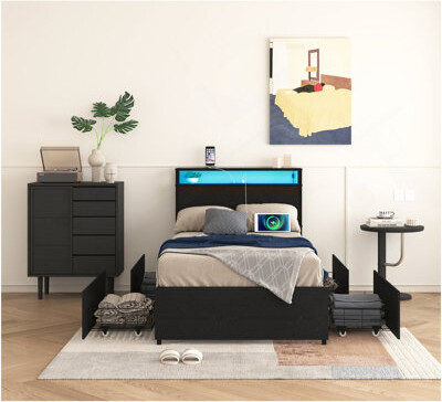 King Bed Frame, Storage Headboard With Charging Station, And Stable, Noise Free, No Box Spring Needed, Easy Assembly