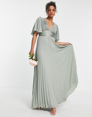 ASOS DESIGN Bridesmaid pleated flutter sleeve maxi dress with satin wrap waist