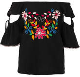 Thumbnail for your product : Sensi Off-the-shoulder Cutout Embroidered Crinkled-cotton Top - Black