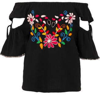 Sensi Off-the-shoulder Cutout Embroidered Crinkled-cotton Top - Black