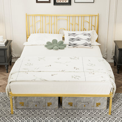 Metal Steel Platform Bed Frame With Iron-Art Headboard (Queen Size) - Gold
