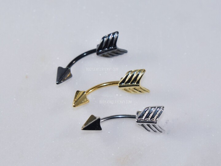 Curved Arrow Barbell, Silver Gold Or Black, 316L Stainless Surgical Steel 16G 8mm 10mm/14G 11mm, Belly Ring Navel Cartilage Rook Piercings