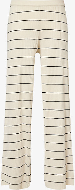 Pretty Lavish Womens Black & Cream Hattie Stripe-Print Ribbed-Knit Trousers S