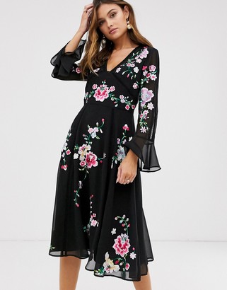 ASOS DESIGN DESIGN embroidered midi dress with lace trims in black