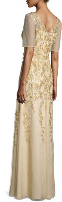 Kay Unger New York Short-Sleeve Floral-Embroidered Chiffon Gown, Gold