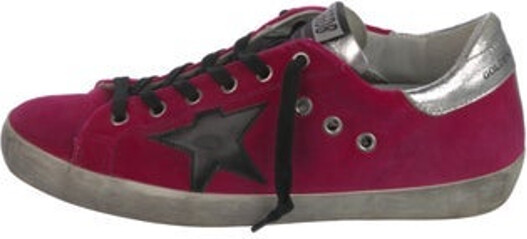 Golden Goose Velvet Low Top Sneakers Metallic & Pink Rubber Trim Round-Toes with Distressed Accents Lace-Up Closure at Uppers Designer