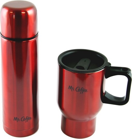 Mr. Coffee Coupleton Teardrop 15 oz. Peach Pink Stoneware and Stainless Steel Travel Mug Set of 4 with Lid