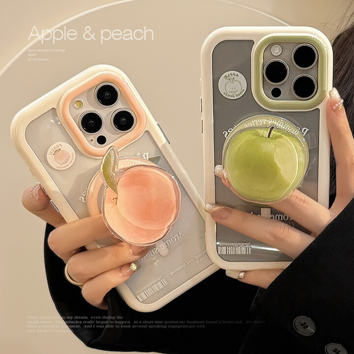 None INS Green Apple Peach Magnetic Clear Phone Case For iPhone 16 15 13 14 12 11 Pro Max Wireless Charge Bracket Soft Silicone Cover