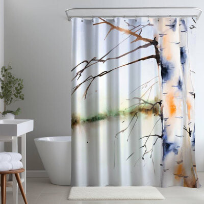East Urban Home Birch Trunks – Blue Trees Bathroom – Polyester Shower Curtain, Dye Sublimation Print, 71" W × 74" L