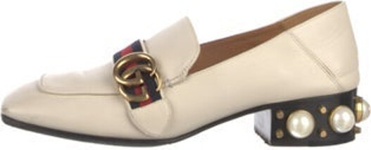 Gucci Leather Loafers Neutrals Faux Pearl Accents, Double G Logo & Sylvie Web Accent Square-Toes with Studded Accents Designer