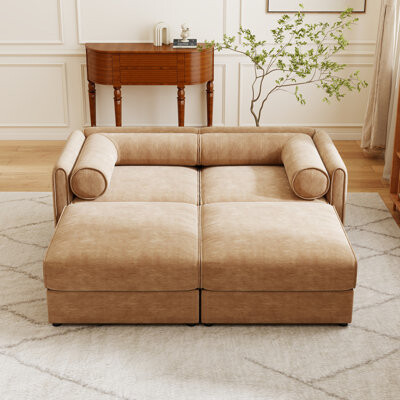 Hokku Designs Stylish Camel Chenille 2-Seater Sofa with 2 Ottoman Storage Seat Cylindrical Backrest and Armrests Modern Fabric Loveseat Featuring Hidden Storage S