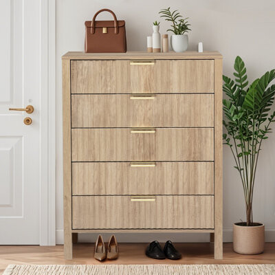 Ebern Designs Fluted 5 Drawer Dresser, Wooden Chest of Drawers with Wide Metal Handles, Tall Storage Dresser Organizer with Curved Profile Design