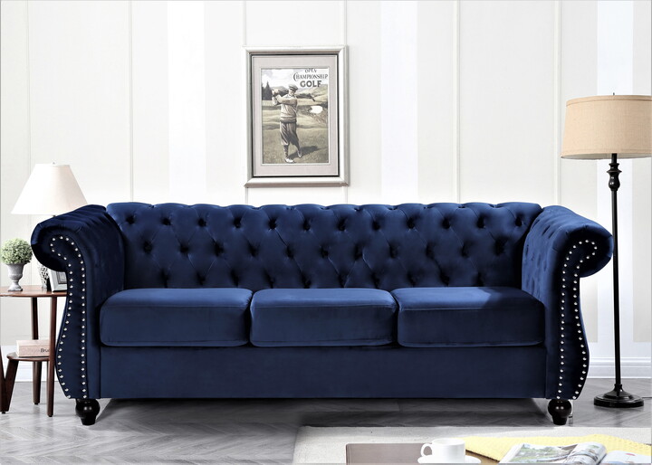 Uspridefurniture Fender 82.6'' Velvet Rolled Arm Sofa,Blue