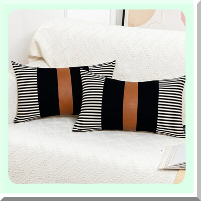 BRBCA Farmhouse Stripe Leather Accent Pillow Set - Modern Boho Patchwork Cushion Cover - Black Decorative Sofa Bed Case - Set of 2