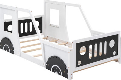 Twin Size Platform Bed With Wheels In Classic Car Form, White - Pine & For Bedroom Dazzle Car-shaped Wood And Ambiance
