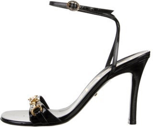Gucci Leather Sandals Black Horsebit Accent Crystal Embellishments Wrap-Around Straps & Buckle Closure at Ankles Unfortunately, due to restrictions, this item may not be eligible for shipping in all areas.