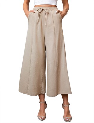 KTILG Wide-Leg Women Linen Pants Culottes Casual Loose Fit