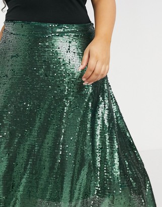 Native Youth Plus a-line midi skirt in green sequin
